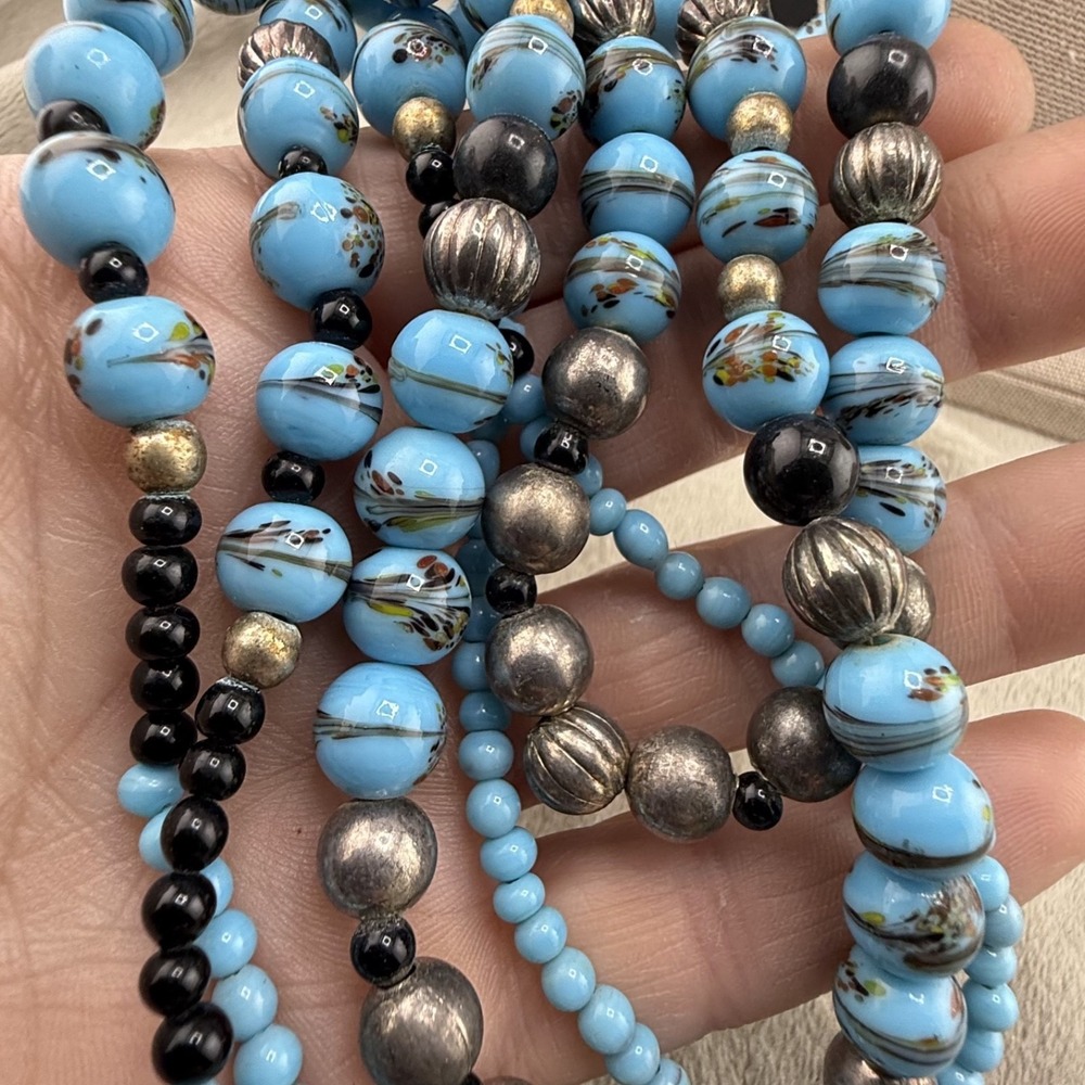 Vintage Glass Beaded Necklace Glitter Metallic Layered Blue 22"